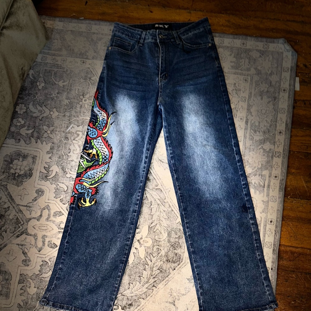 Christian Audigier Dark Blue Wide-Leg Jeans with Multicolor Dragon Patch